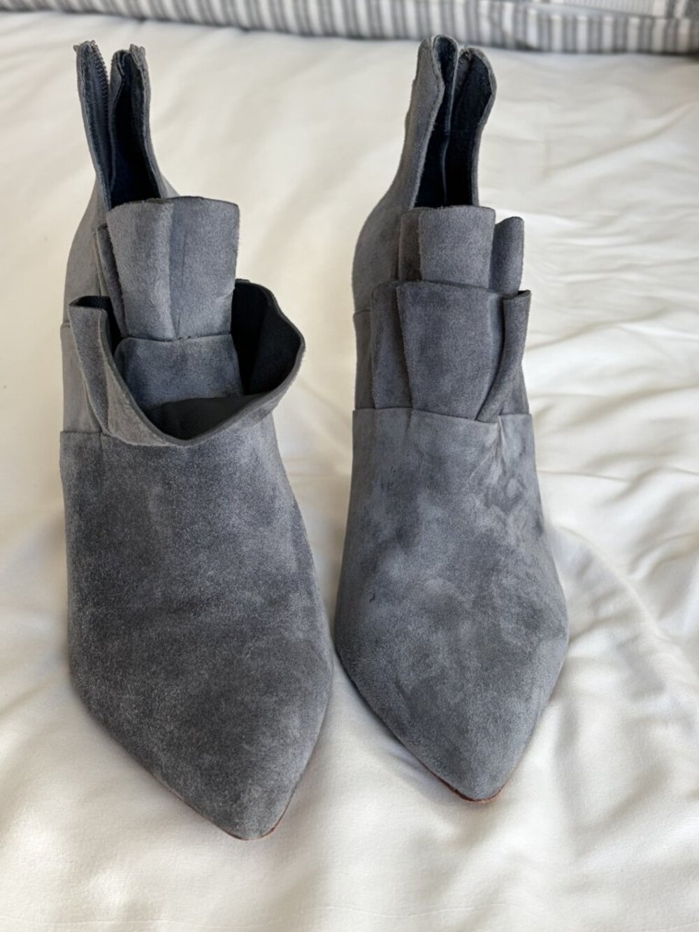 Pour La Victoire Cedraks Denim 192 Suede Ruffle Boot Pointed Toe Stiletto